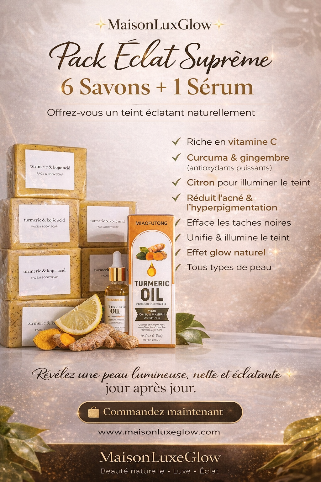 Pack Éclat Suprême – 6 Savons au curcuma + 1 Sérum ( mettez 1 dans le panier )